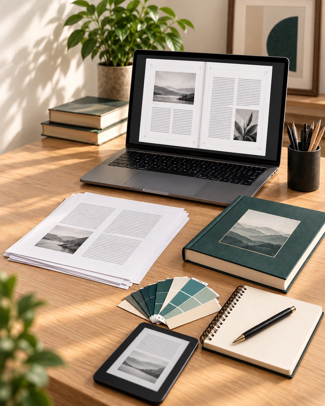 Scrivania editoriale con computer, pagine impaginate, libro ed e-reader