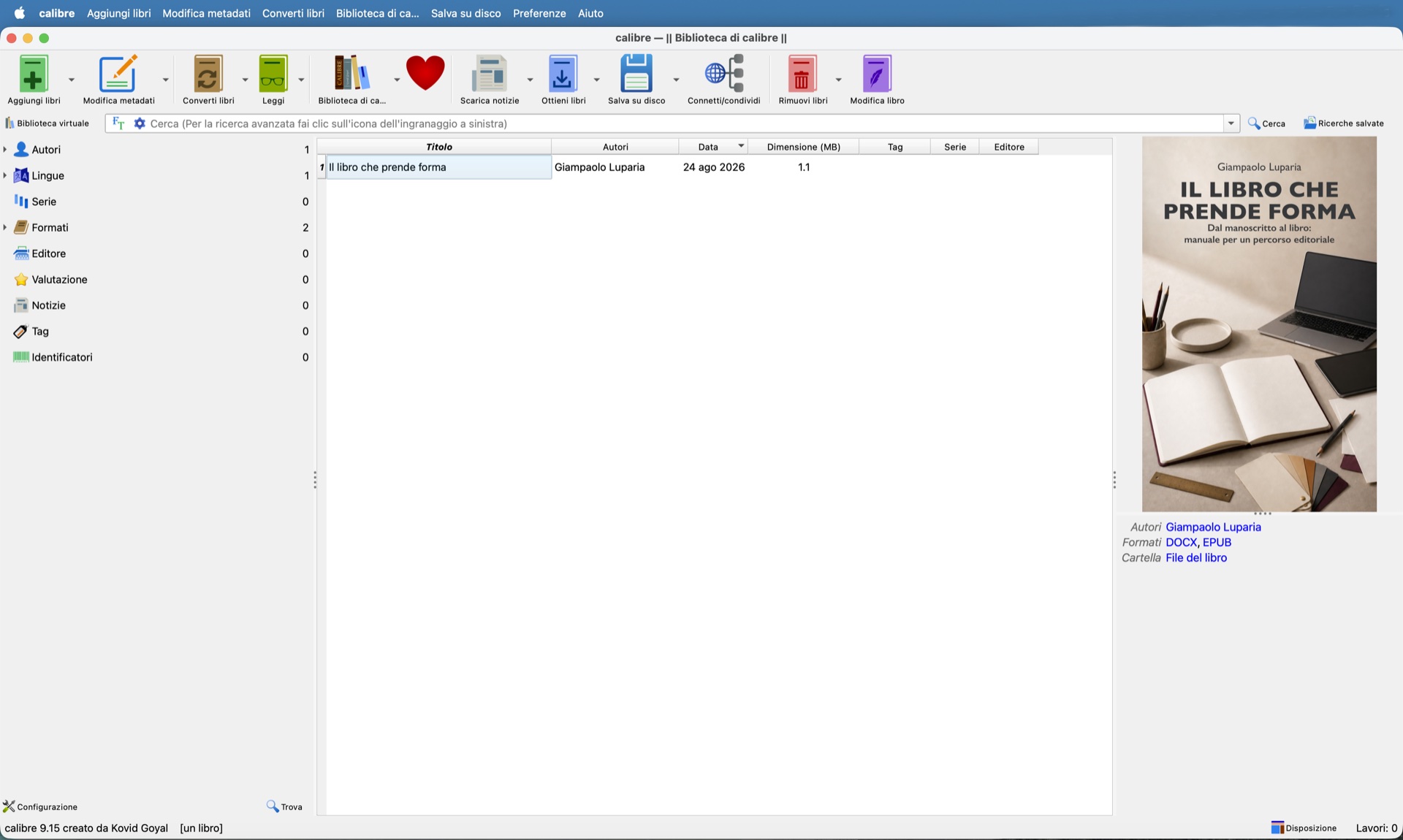 Interfaccia di Calibre utilizzata per creare l’eBook